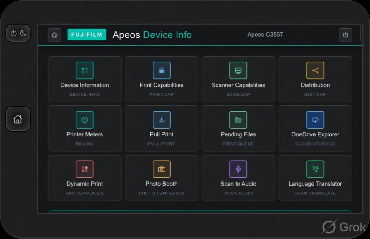 Apeos Device Info home screen with 12 feature tiles