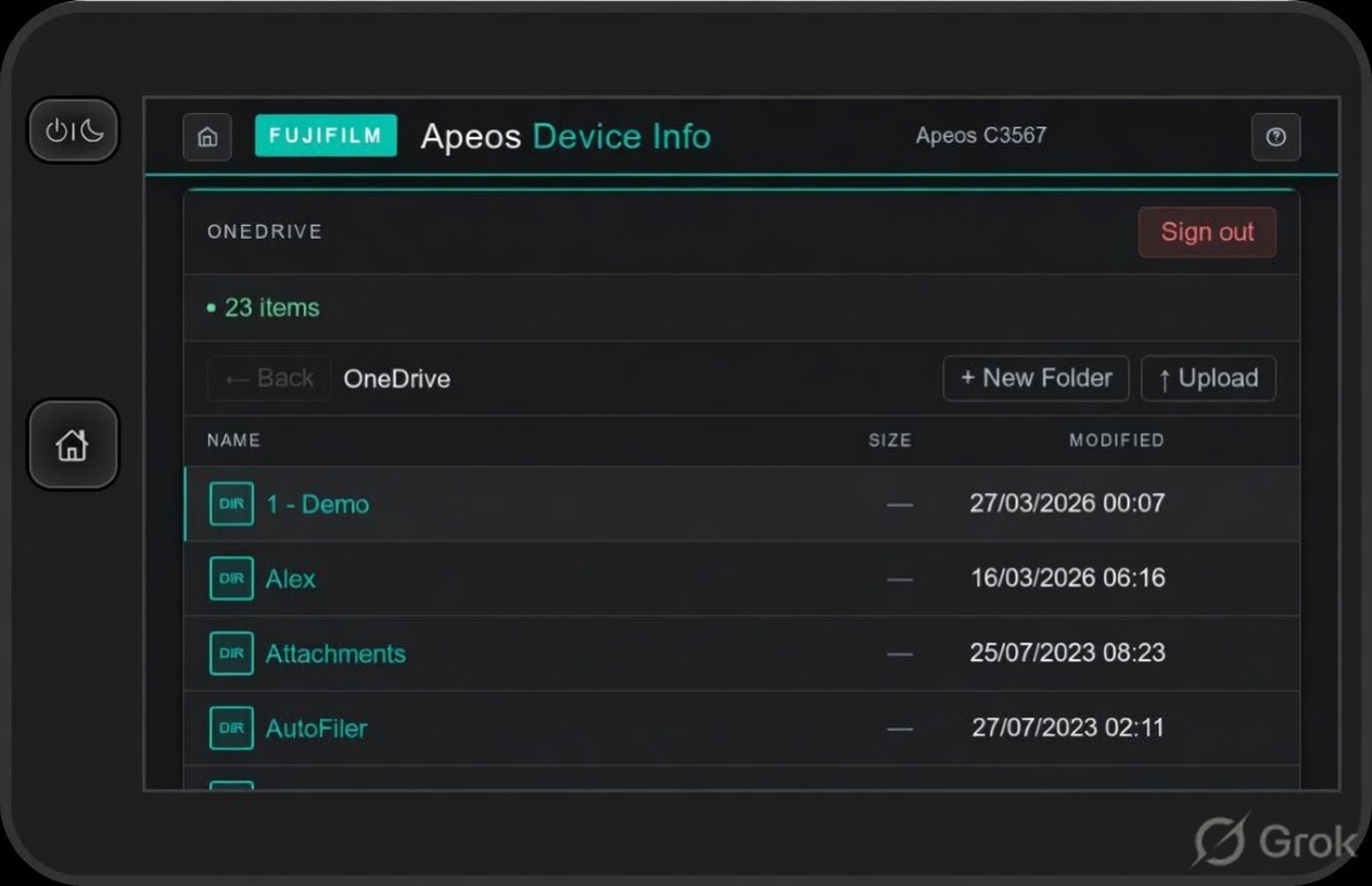 OneDrive Explorer showing cloud folder listing on Apeos panel