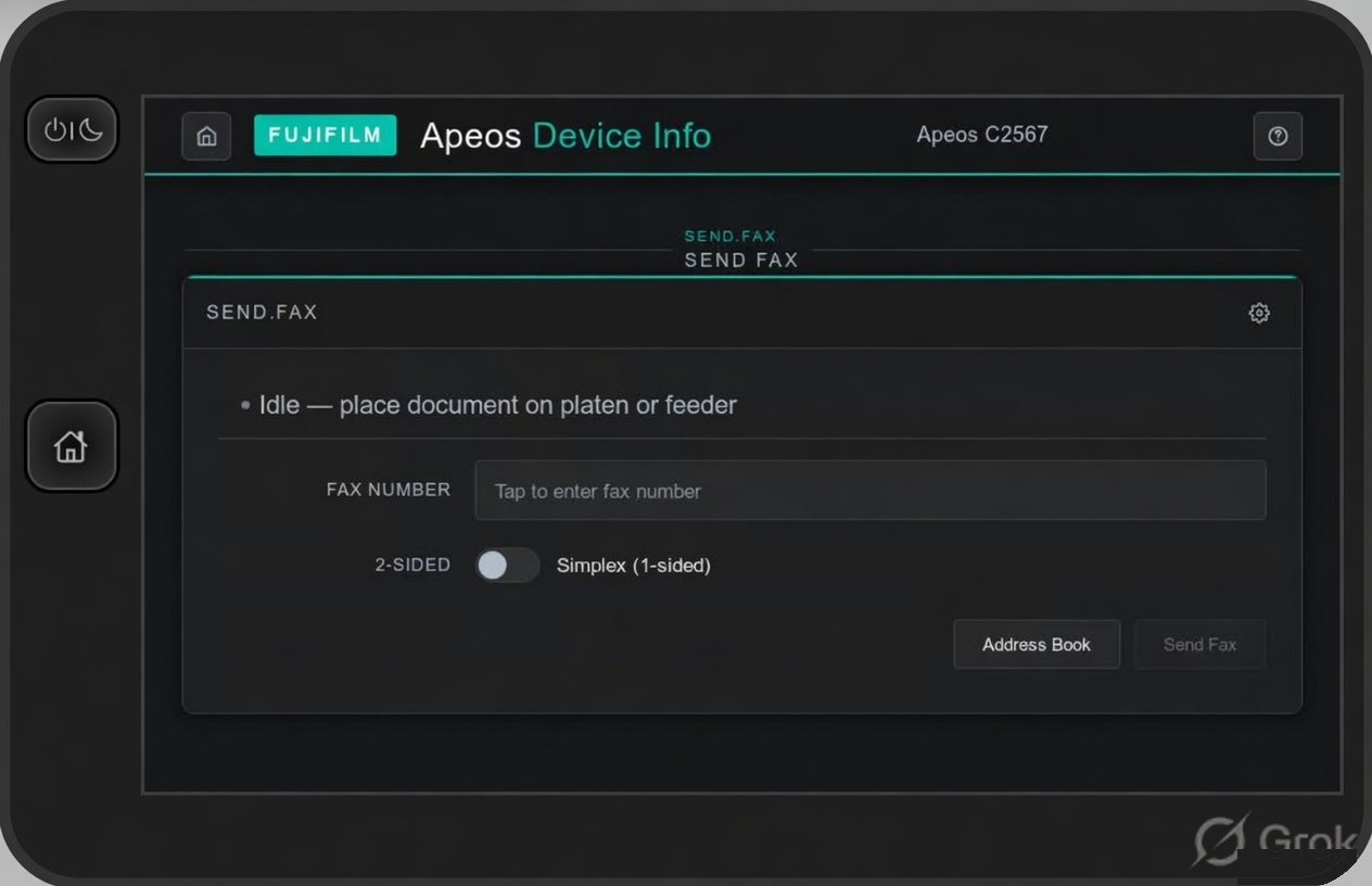 Send Fax section showing numeric keypad and fax controls